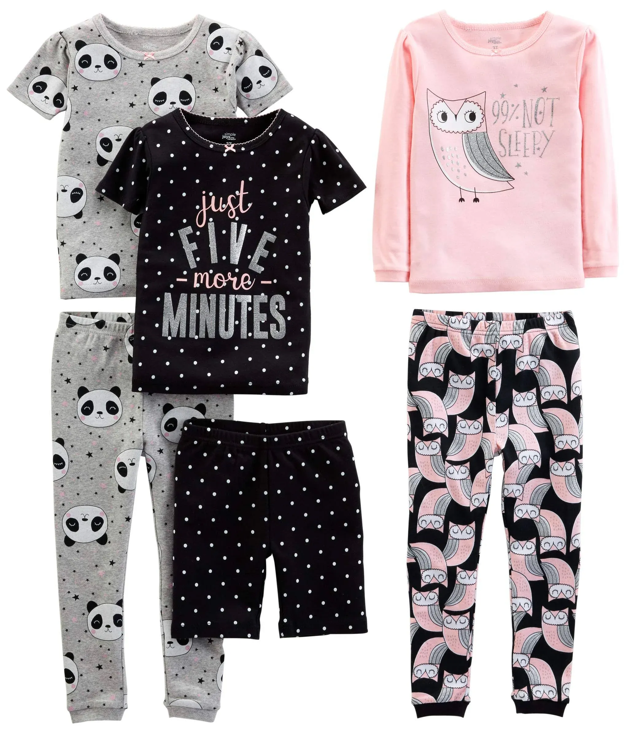 Simple Joys by Carter's Girls' 6-Piece Snug Fit Cotton Pajama Set, Owl/panda/dot, 18 Months, Baby-Girls