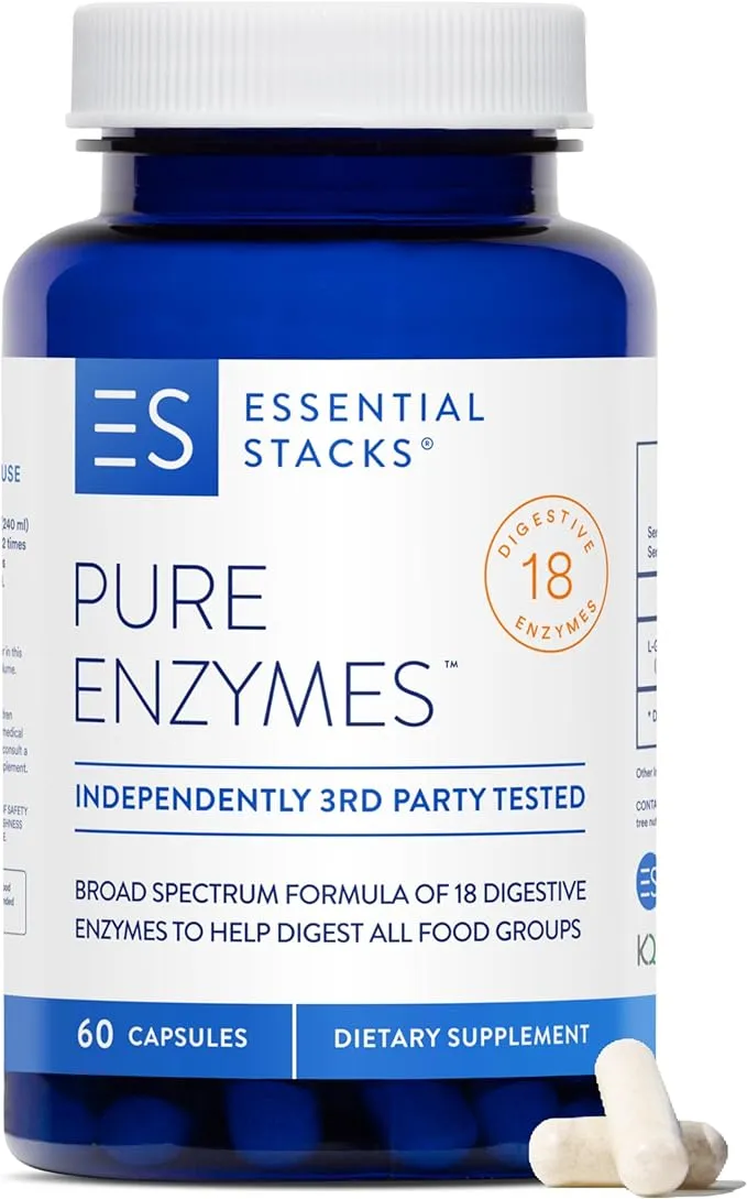 Essential Stacks Pure Digestive Enzymes (Gluten, Dairy & Soy Free) 18 Enzymes for Digestion Incl. Amylase, Lipase & La