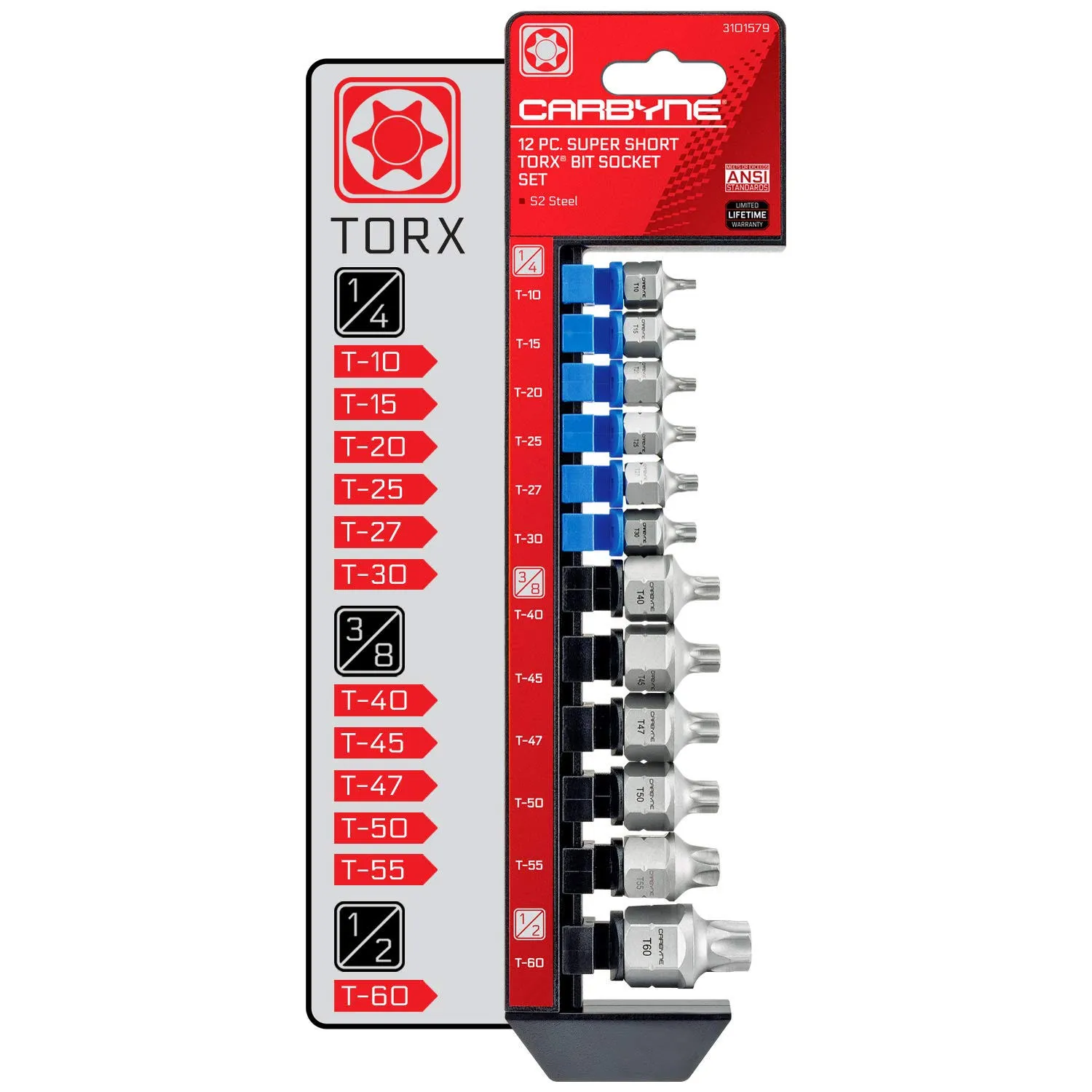 Carbyne Super Short Torx Bit Socket Set - 12 Piece , T-10 to T-60 | S2 Steel 3101579