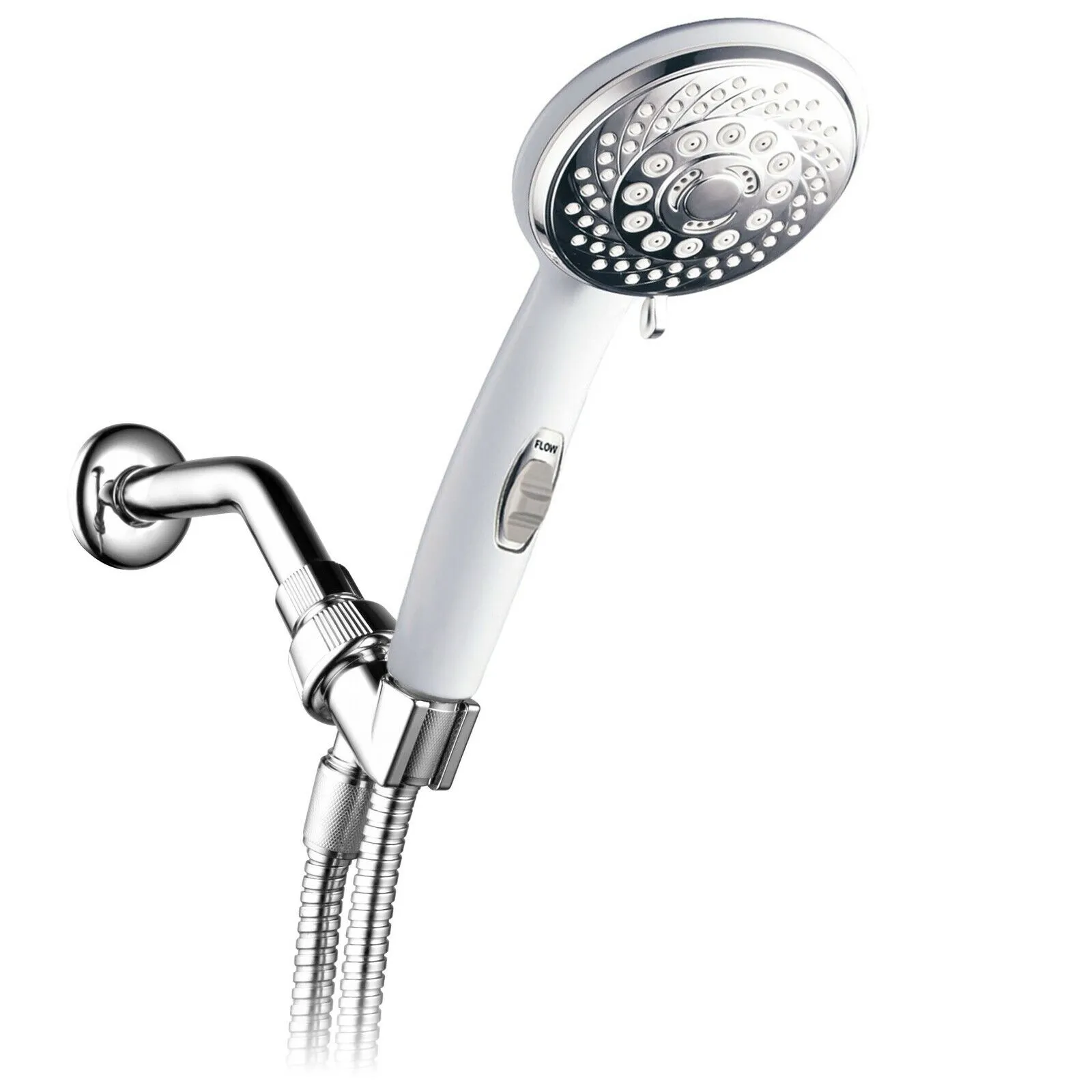 HotelSpa 4&#034; White/Chrome Spiral Handheld w/ Patented ON/OFF Pause Switch