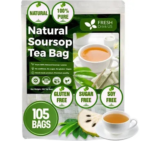 FreshDrinkUS, 105 Premium Soursop Graviola Leaf Tea Bags, The Finest Soursop Tea, 100% Natural and Pure, Handmade, Made With Natural Materials-Corn Fiber Tea Bag, Sugar/ Caffeine/ Gluten Free, Hoja Guanabana Tea