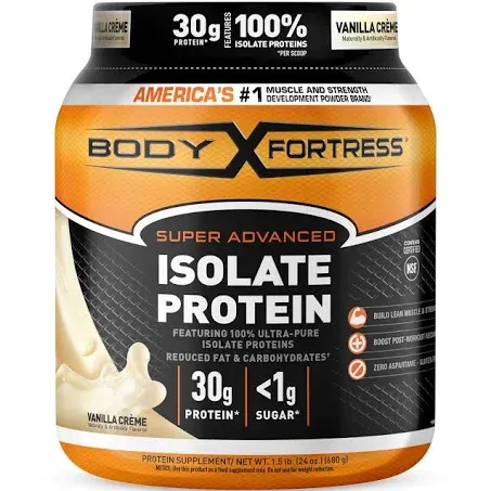 Body Fortress Super Advanced Isolate Protein Powder, Gluten Free, Vanilla Creme Flavored, 1.5 Lb