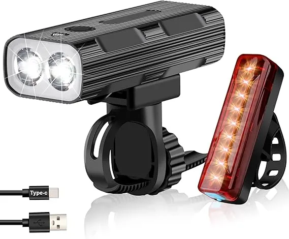 Bike Lights Front and Back, Rechargeable LED Bicycle Light Set for Night Riding, 5+5 Lighting Modes, IPX5 Waterproof, USB Type-C Bike Headlight, 1500 Lumens | 3000 Lumens