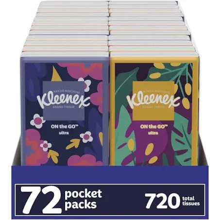 Kleenex On-The-Go Facial Tissues, Tissues Travel size, 72 Packs (9 Displays of 8 Packs), 10 Tissues per Pack, 3-Ply (720 Total Tissues)