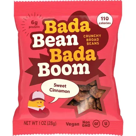 Enlightened Bada Bean Bada Boom - Plant-Based Protein, Gluten Free, Vegan, Crunchy Roasted Broad (Fava) Bean Snacks, 100 Calories per Serving, Cinnamon, 1 oz, 24 Pack