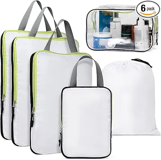 6 Set Compression Packing Cubes for Suitcases, Lightweight Luggage Organizer bags with Toiletry bag, Laundry Bag