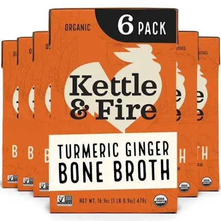 Kettle and Fire Turmeric Ginger Chicken Bone Broth, Keto, Paleo, Whole 30 Approved, Gluten Free, 19g of Protein, Natural Source of Collagen, Pack of 6