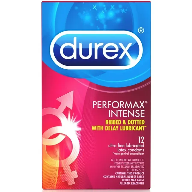 Durex Performax Intense Condoms, Latex, Ribbed & Dotted with Delay Lubricant - 12 condoms