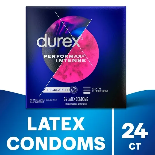 Durex Performax Intense Condoms For Men, Dotted with Delay Lubricant Rubber Latex Condoms, FSA/HSA, 24 ct