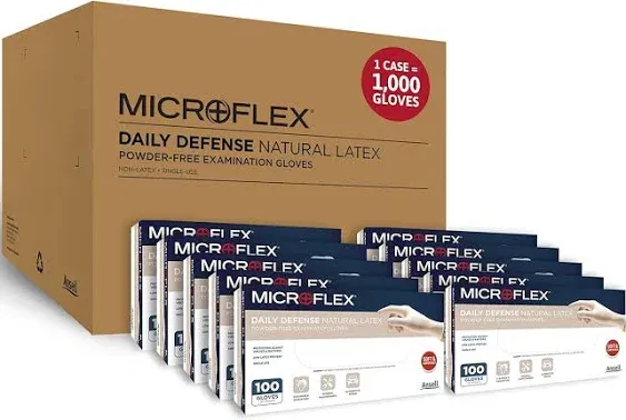 Microflex 10-754 Daily Defense Disposable Latex Gloves for Cleaning, Food Prep w/Textured Fingertips - Natural