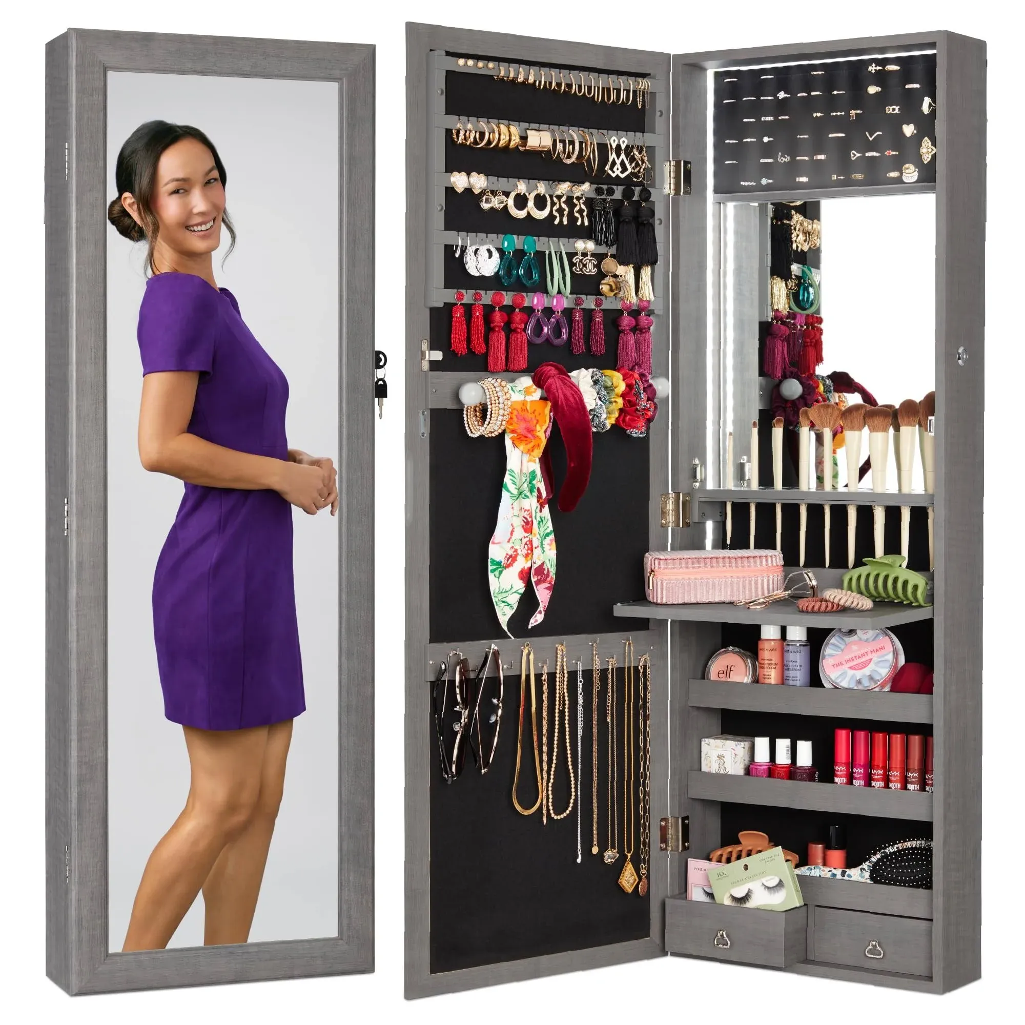 Best Choice Products Hanging Mirror Jewelry Armoire, Door or Wall Mounted Cabinet w/ LED Lights, Lock - Gray Oak