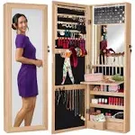 Best Choice Products Hanging Mirror Jewelry Armoire, Door or Wall Mounted Cabinet w/ LED Lights, Lock - Natural Oak