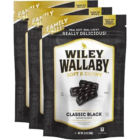 Wiley Wallaby Licorice 24 Ounce Classic Gourmet Soft & Chewy Australian Black Licorice Candy Twists, 3 Pack