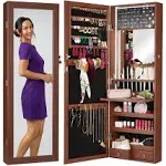 Best Choice Products Hanging Mirror Jewelry Armoire, Door or Wall Mounted Cabinet w/ LED Lights, Lock - Walnut