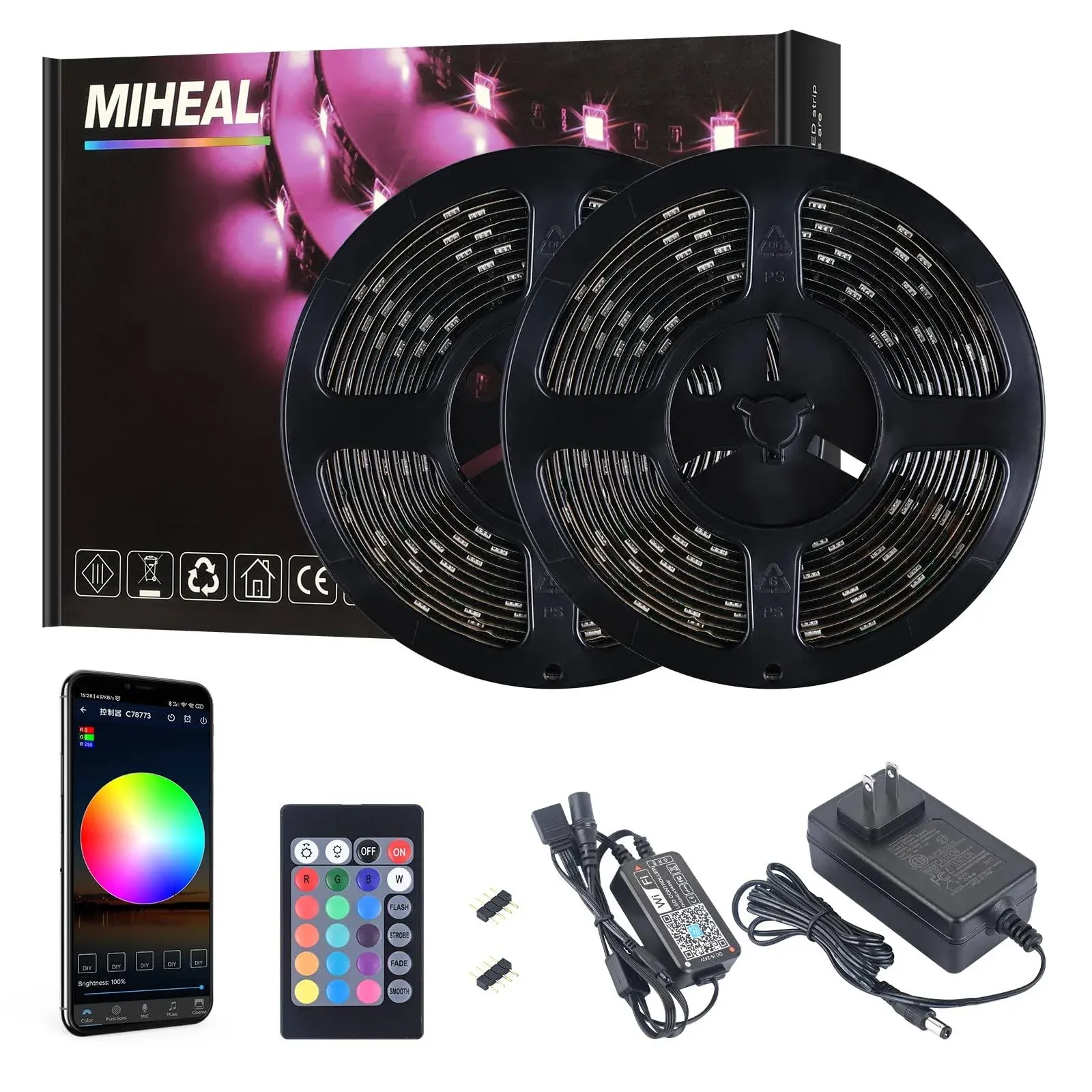 MIHEAL WiFi Wireless Smart Phone Controlled LED Strip Light Kit with DC12V UL ...