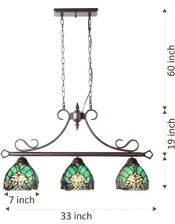 COTOSS Tiffany Pool Table Lights Hanging Chandelier 3 Lights Stained Glass Pendant Lighting Fixtures for Dining Room Kitchen Island Gameroom Bars