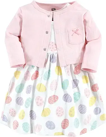 Hudson Baby Infant and Toddler Girl Cotton Dress and Cardigan Set, Easter Eggs, 6-9 Months