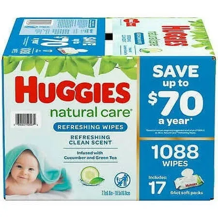 Huggies Natural Care Wipes, with Cucumber & Green Tea, Refreshing, 17 Pack - 17 - 64 wipe packs [1088 wipes]