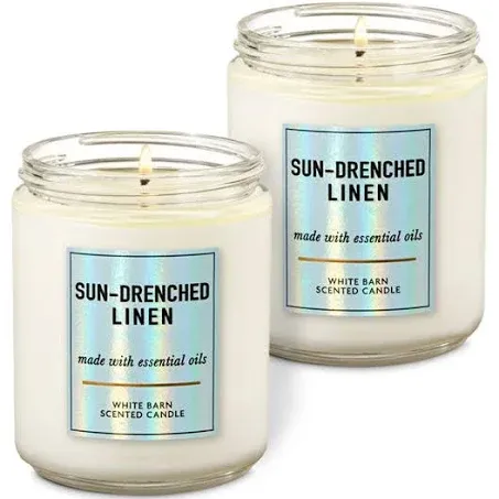 Bath & Body Works White Barn Sun Drenched Linen Single Wick Scented Candle with Essential Oils 7 oz / 198 g each Pack of 2