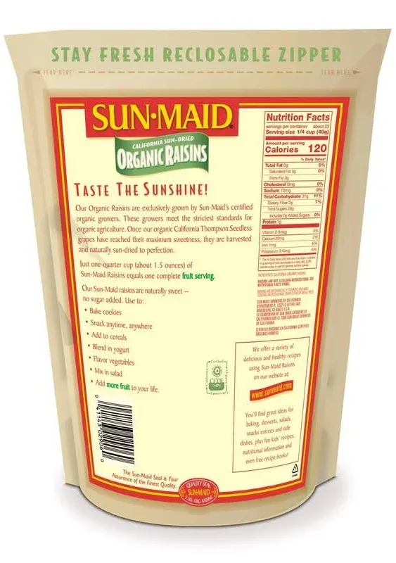 2 lbs Organic Sun Dried California Raisins (1 Resealable Bag) by Sun Maid