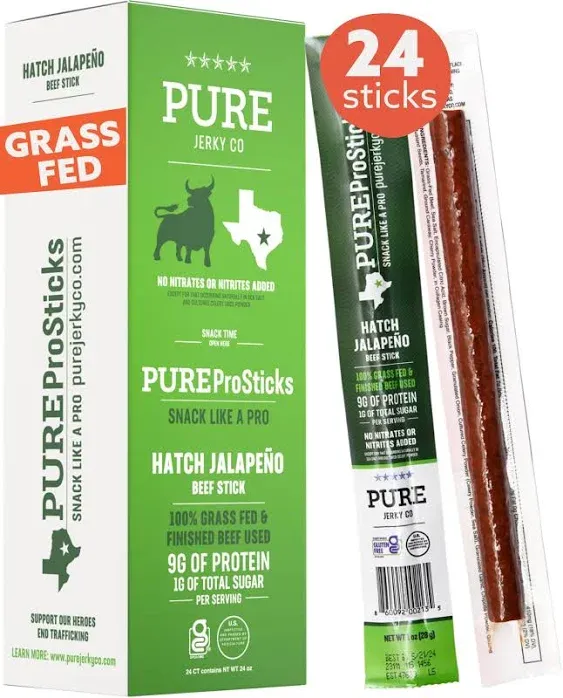 PureProSTICKS - 24 pack of Low Sugar 100% Grass Fed Beef Sticks Hatch Jalapeño Flavor - Delicious Gluten Free Beef Snack - High Protein Keto & Paleo Friendly - 24 Beef Sticks