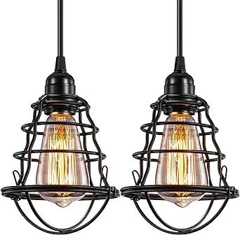 Industrial Pendant Light INNOCCY Edison Hanging Cage Pendant Lights E26 E27 Base Vintage Adjustable Pendant Lamp Fixture for Kitchen Home Lighting 2 Pack