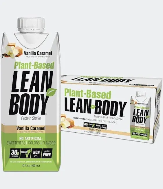 Lean Body Ready-to-Drink, Plant-Based Vegan Vanilla Caramel Protein Shake, 30g Protein, No Artificial Flavors, Sweeteners or Colors, Non GMO, Gluten Free, Premium Pea & Rice Blend (Pack of 12)