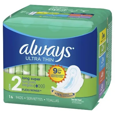 Always Ultra Thin Pads with Flexi-Wings, Size 2, Long Super, Unscented, 42 CT