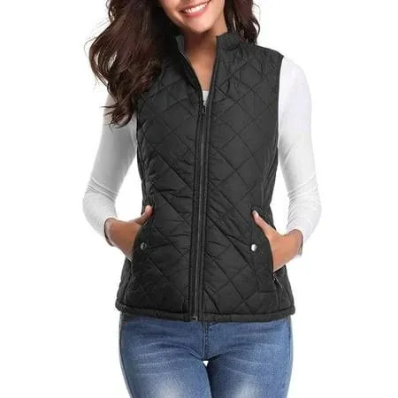 Fuinloth Women Quilted Vest, Stand Collar Lightweight Zip Padded Gilet Outerwear Coats Black M, Women's, Size: Medium