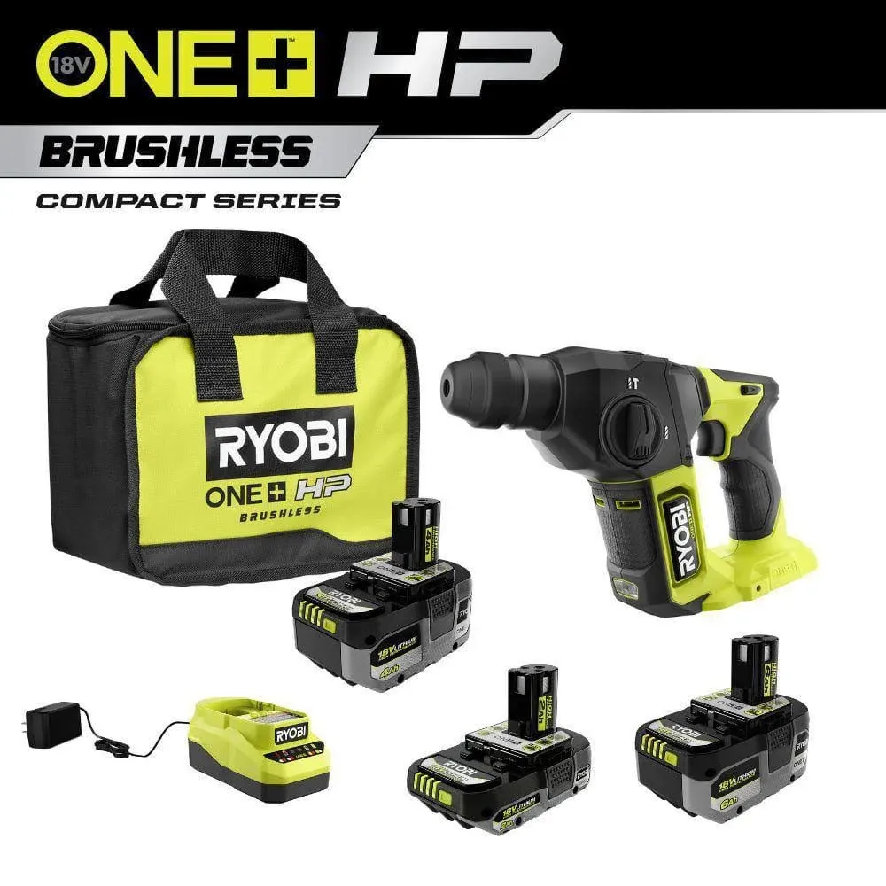 Ryobi 18V ONE+ HP Compact Brushless 5/8" SDS-Plus Rotary Hammer Drill with Battery and Charger (Bulk Packaged)