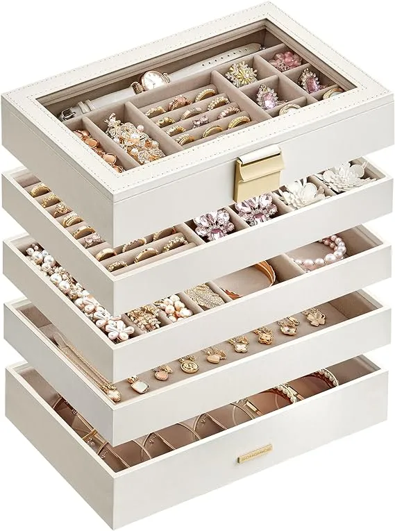 SONGMICS Stackable Jewelry Trays, 5-Tier Jewelry Box, Drawer Jewelry Organizer, with Glass Lid, Removable Dividers, for Vanity Table, 6.7 x 11 x 8.6 Inches, Christmas Gift, Cloud White UJBC194W01