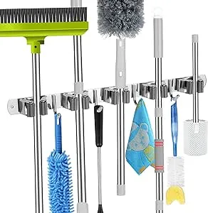 voze 5 Racks and 4 Hooks Mop and Broom Holder Wall Mount, Self Adhesive Heavy Duty Broom Hanger Organizer Storage Tool Racks for Kitchen Garden Laundry Garage