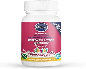 Milkaid Junior Lactase Enzyme Chewable Tablets for Lactose Intolerance | Prevents Gas, Bloating, Diarrhea in Children| Fast Acting Dairy Digestive Supplement for Kids| Strawberry Flavor | 60 ct (1)