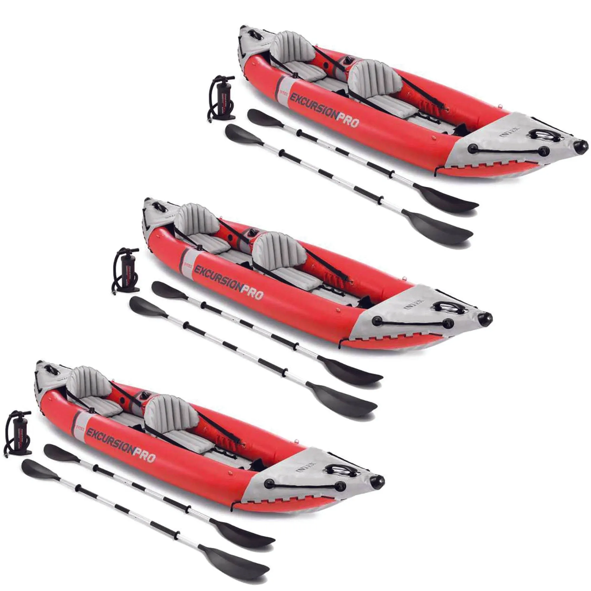 Excursion Pro Inflatable 2 Person Vinyl Kayak with Oars & Pump, Red (3 Pack)