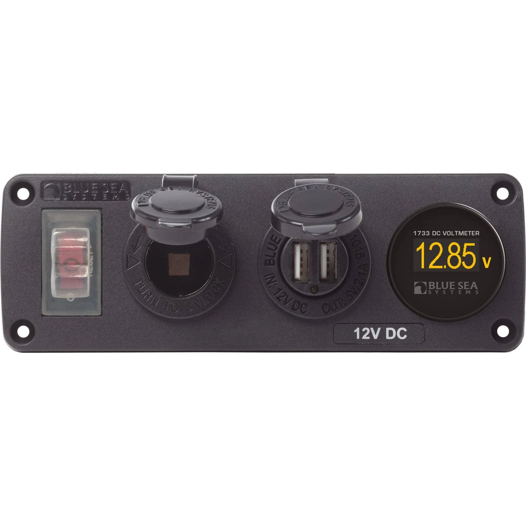 Blue Sea 4365 Water Resistant USB Accessory Panel - 15A Circuit Breaker, 12V Socket, 2x 2.1A Dual