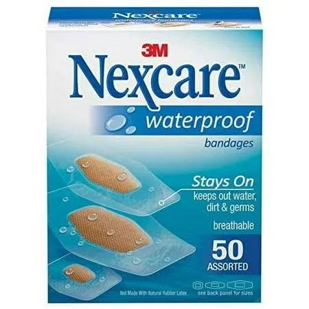 Nexcare Waterproof Clear Bandages Assorted Sizes, 50 Bandages