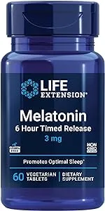 Life Extension Melatonin 6 Hour Timed Release 3 mg - For Circadian Rhythm & Immune Function, Cellular and DNA Health - Sleep Supplement - Non-GMO, Gluten-Free - Vegetarian Tablets, 60 Count