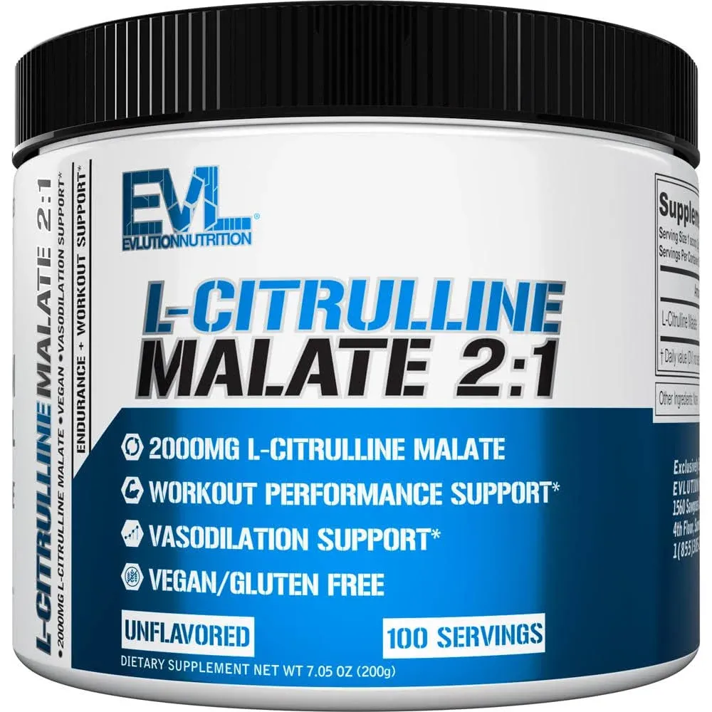 Evlution Nutrition L-Citrulline Malate 2:1-200mg L-Citrulline Malate - Workout Performance Support - Vasodilation Support - Dietary Supplement - Vegan & Gluten Free - 100 Servings - Unflavored