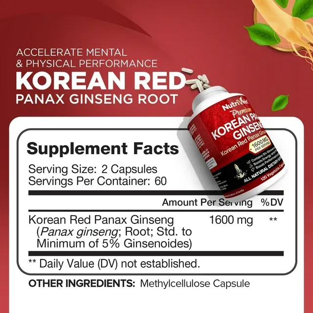 Nutrivein Pure Korean Red Panax Ginseng 1600mg - 120 Vegan Capsules - High St...