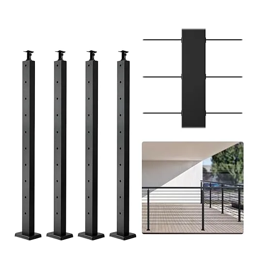 VEVOR 4-Pack Cable Railing Post, 36" x 1" x 2" Steel Horizontal Hole Deck Railing Post, 10 Pre-Drilled Holes, SUS304 Stainless Steel Cable Rail Post with Horizontal and Curved Bracket, Black