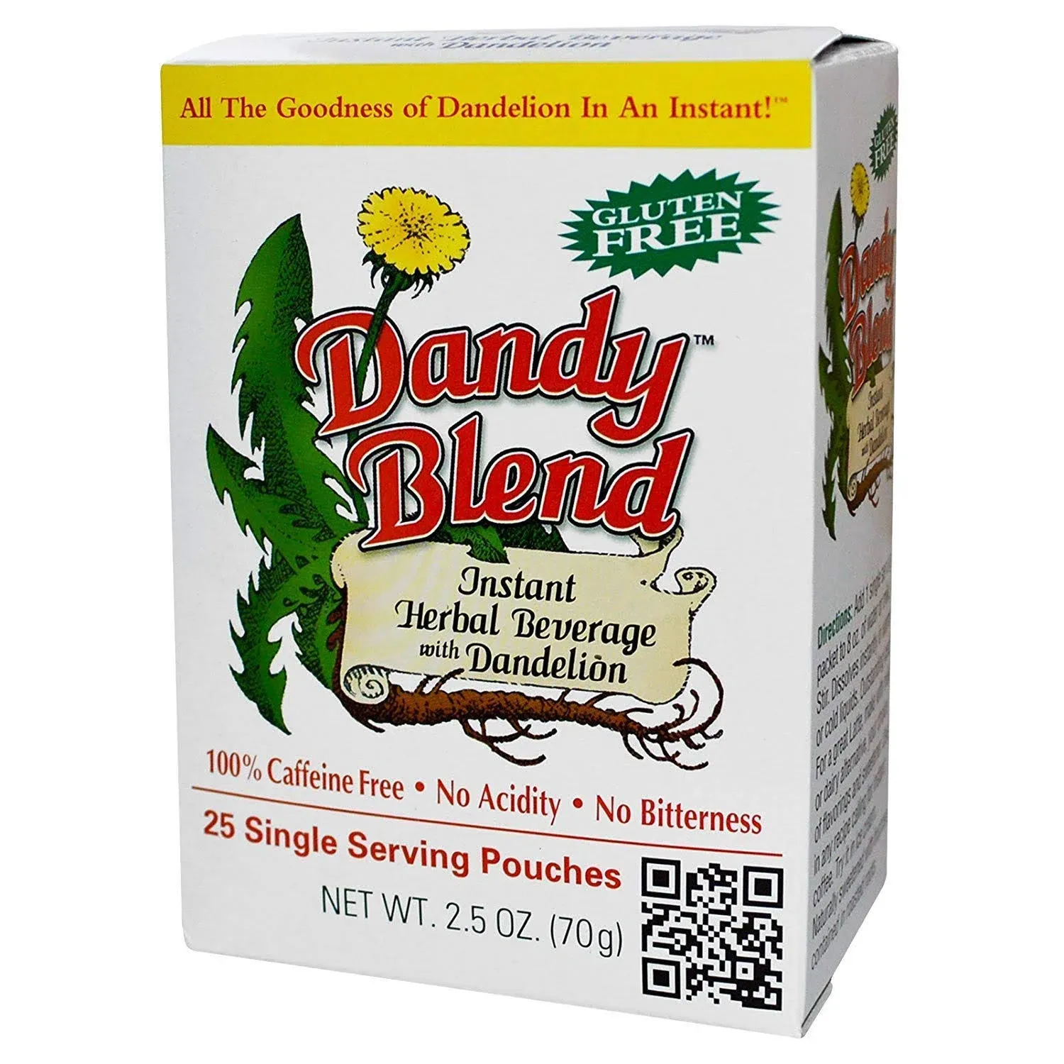 Dandy Blend Instant Herbal Beverage with Dandelion, Caffeine Free, 25 Single Serve Packets, 2.8 g Each