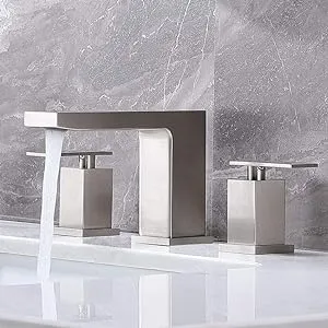 3 Hole Brushed Nickel Bathroom Faucet, 8 Inch 2 Handle Modern Widespread Bathroom Sink Faucet, Vanity Basin Sink Faucet with Supply Hoses and Pop-Up Drain Stopper