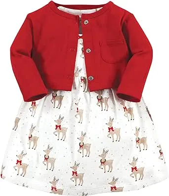 Hudson Baby Infant and Toddler Girl Cotton Dress and Cardigan Set, Fancy Rudolph