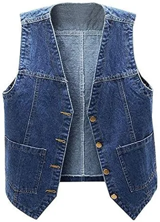 Ladyful Women's Sleeveless V Neck Button Down Jean Waistcoat Jacket