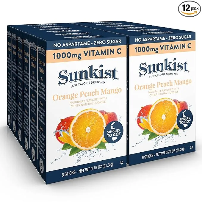 Sunkist Singles To Go Drink Mix Packets, Orange Peach Mango, 6-Count per Box – Powdered Drink Packets with 1000mg Of Vitamin C per Serving, Zero Sugar Water Enhancers, 72 Total Powder Sticks