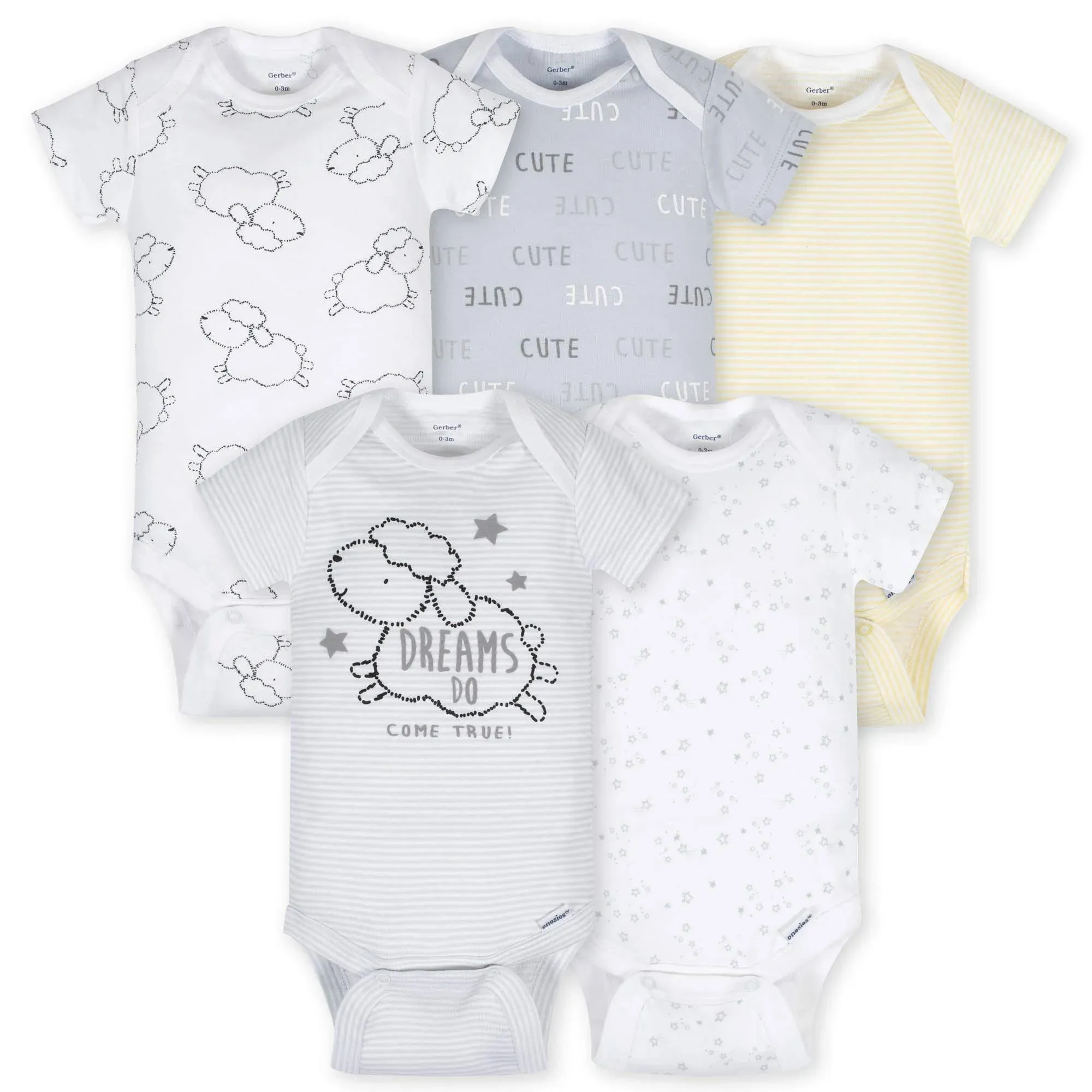 Gerber 5-Pack Baby Neutral Lamb Short Sleeve Onesies Bodysuits - Newborn