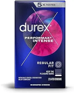 Durex Performax Intense Natural Rubber Latex Condoms, Regular Fit, 12 Count, Contains Desensitizing Lube for Men, (Packaging May Vary)