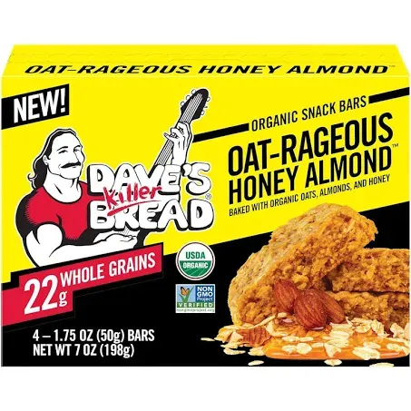 Dave's Killer Bread Oat-Rageous Honey Almond Organic Snack Bars, 4 Individually Wrapped Snack Bars + 1 Branded Sticker (Pack of 1)