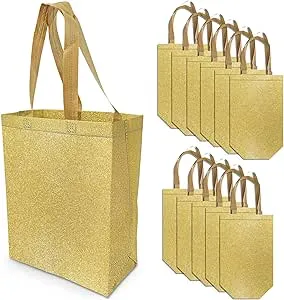 OccasionALL Gold Gift Bags, 10x5x13 12 Pack Medium Reusable Tote Bags with Handles, Christmas Gift Wrap, Holidays, Birthdays, Weddings, Bulk Shopping