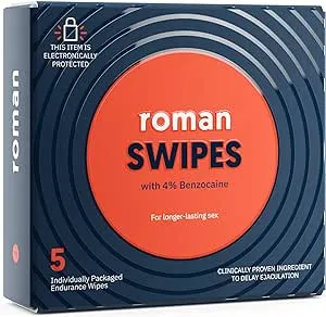 Roman Swipes | Fast-Acting, Convenient, Over-The-Counter Wipes Increase Stamina, Formulated with 4% Benzocaine, Features Discreet Packaging | 5-Pack